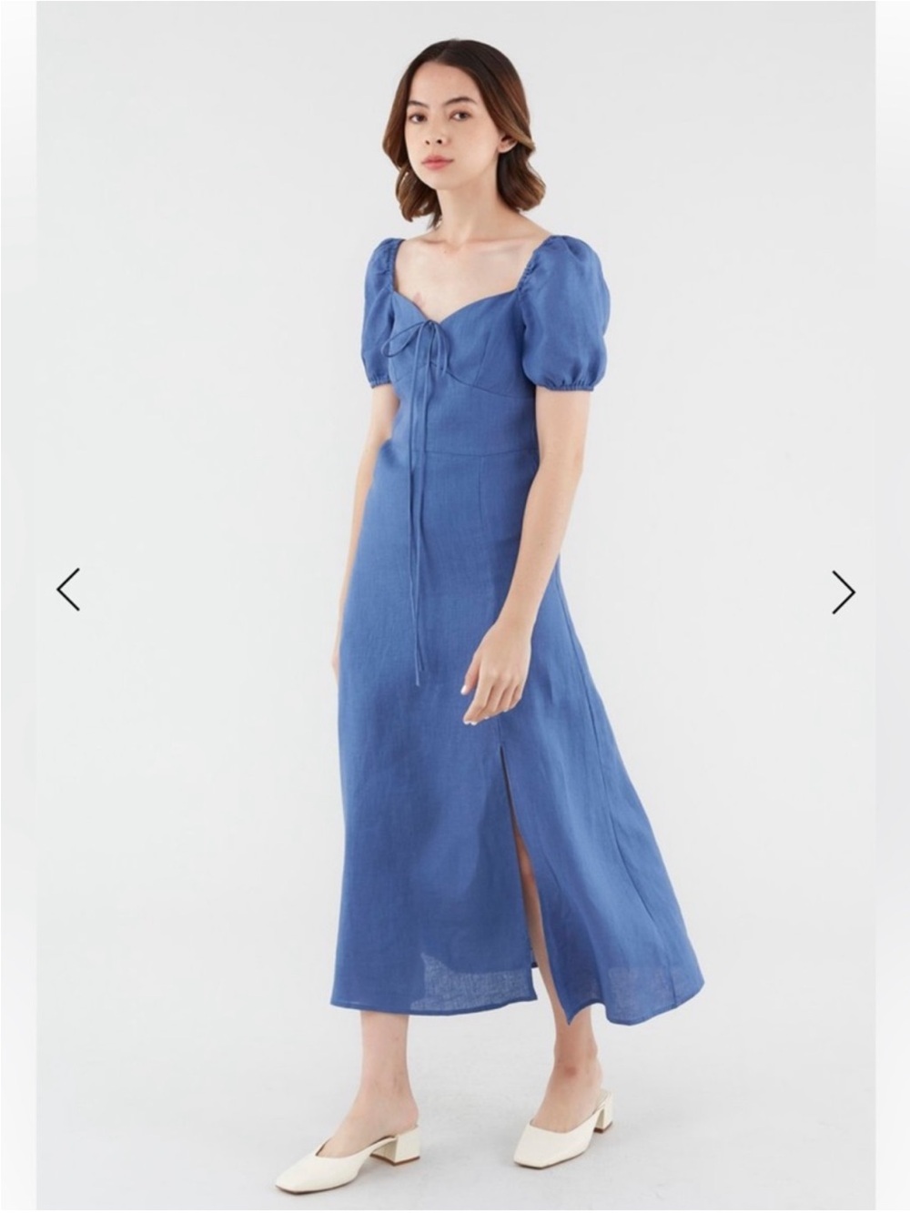 The Editor’s Market Clarene Blue Puff-Sleeve Midi Dress Front Tie Sz 8 Large